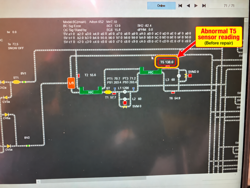 Abnormal T5 sensor reading on Mitsubishi City Multi BC Controller before repair